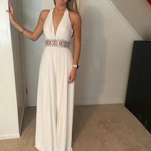 Mac Duggal white flowy jumpsuit with boho waistline embellishment